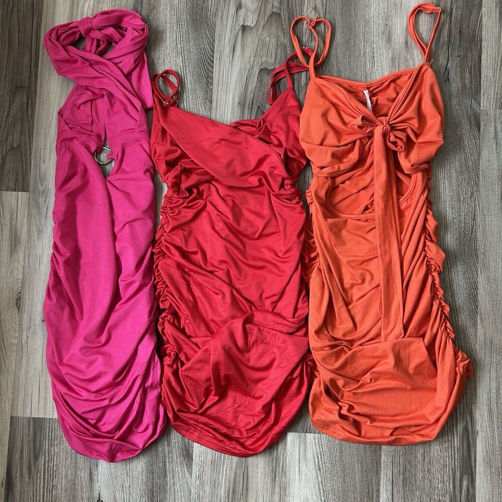 3 Pack NWOT Ruched Bodycon Party Dresses - Hot Pink Red Orange Lot Size Small